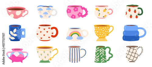 Ceramic cups for hot tea and coffee with different patterns set. Cute colorful various teacups collection with heart and leaf, stripe texture, Scandinavian home crockery cartoon vector illustration