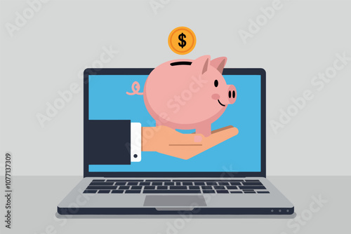 Vector illustration of businessman hand holding pink piggy bank.