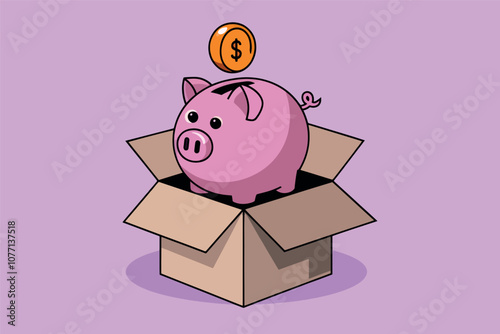 Vector illustration of pink piggy bank and cardboard box.