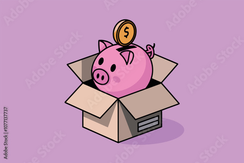 Vector illustration of pink piggy bank and cardboard box.