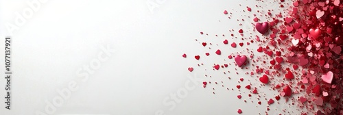 Colorful heart shaped confetti dispersing across a light background in a festive celebration