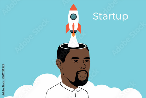 Vector illustration of rocket taking off with a man's head, business and startup concept.