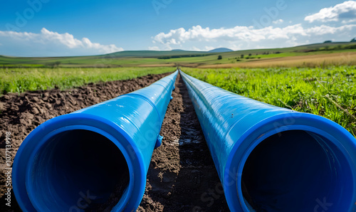 Wallpaper Mural Blue Plastic Pipes Lying in a Field for Irrigation or Infrastructure Project Torontodigital.ca