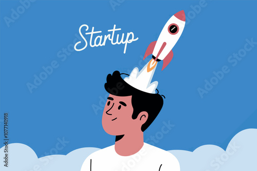 Vector illustration of rocket taking off with a man's head, business and startup concept.