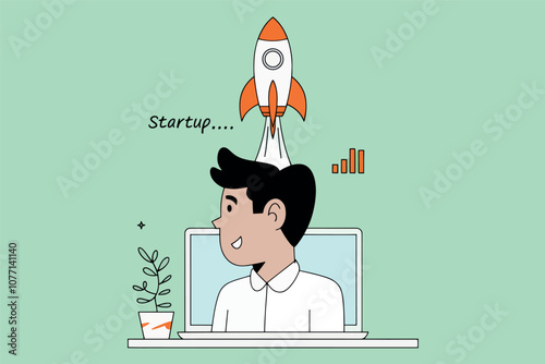 Vector illustration of rocket taking off with a man's head, business and startup concept.