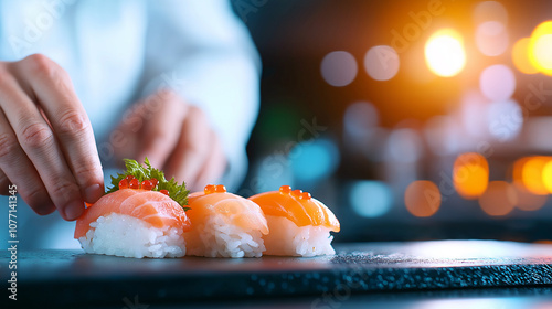 A chef preparing sushi.  photo