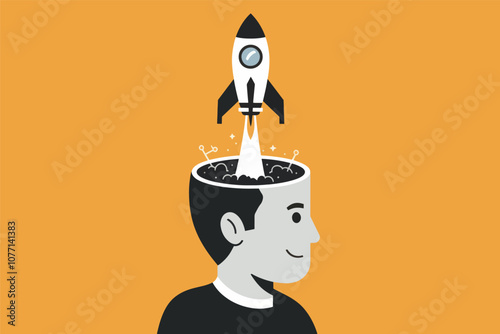 Vector illustration of rocket taking off with a man's head, business and startup concept.