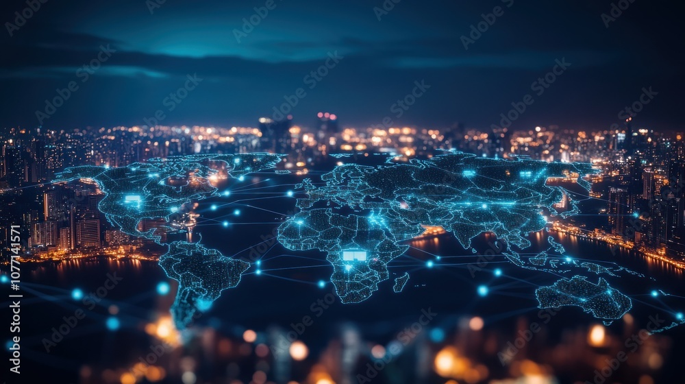 custom made wallpaper toronto digitalA glowing digital world map superimposed over a cityscape at night