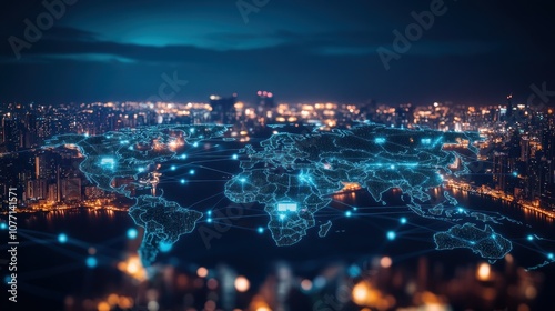 Wallpaper Mural A glowing digital world map superimposed over a cityscape at night Torontodigital.ca