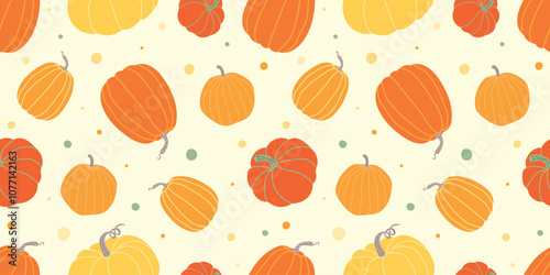 Seamless autumn pattern with colorful social pumpkins. Background for Thanksgiving, harvest, autumn events, fairs, advertising. Design of agricultural products