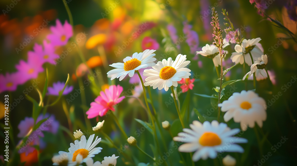 Fototapeta premium Garden landscaping. Wild daisies and cosmos blossoms. Wallpaper.