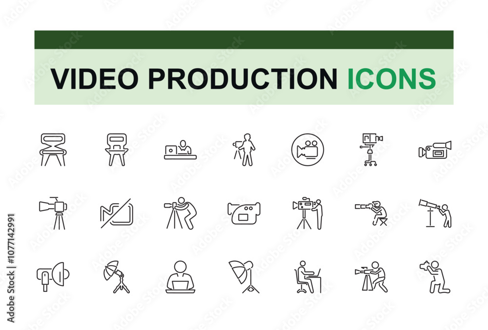 Obraz premium Video Production icon collection. Contains related to video, web, content, digital, picture, entertainment, television and more. Thin outline icons pack. Vector illustration in modern line style.