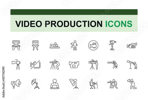 Video Production icon collection. Contains related to video, web, content, digital, picture, entertainment, television and more. Thin outline icons pack. Vector illustration in modern line style.
