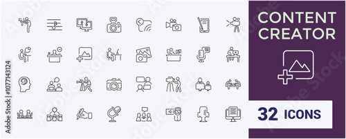 Content Creator linear icon collection. Includes thin line video, on, sound, phone, blog, streaming, media, art. Set of line pictogram. Vector illustration.