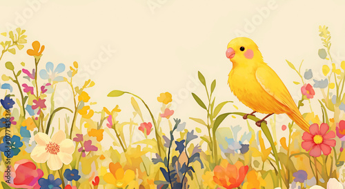 canário amarelo e flores isoladas em fundo de cor sólida - ilustração infantil fofa em aquarela