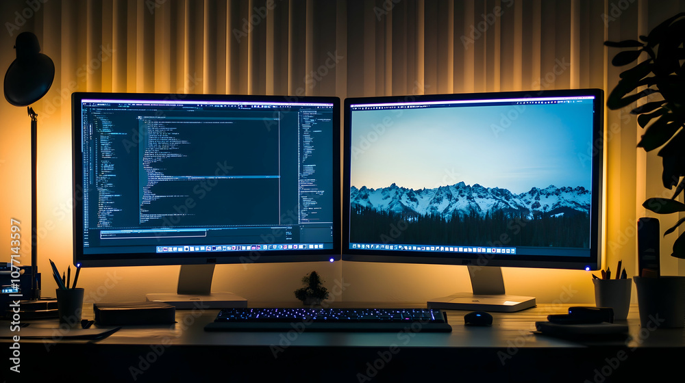 Fototapeta premium A desk with two monitors, one displaying code and the other a landscape.