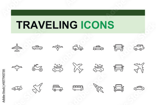 Travel and Airport icons in linear style. Related to bag, departure, fly, air, flight, vacation and more. Outline icon collections. Vector illustration.