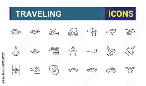 Travel and Airport icons in linear style. Related to bag, departure, fly, air, flight, vacation and more. Outline icon collections. Vector illustration.