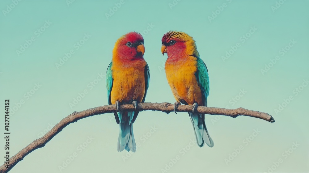 Obraz premium Colorful birds perched on a branch during a sunny day in a vibrant natural setting