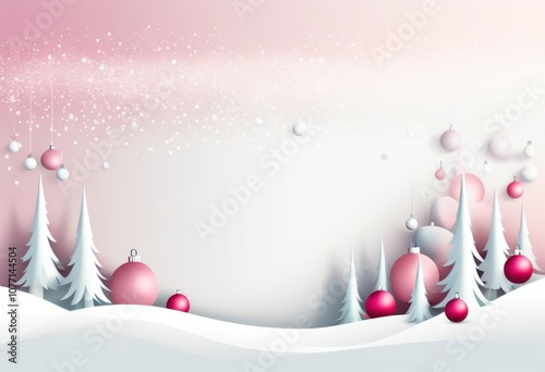 Ein winterliches minimalistisches  Design mit Tannenbäumen, Schnee und  mit Textfreiraum – perfekt für eine Weihnachtskarte. Transendent Pink, Rosa. Generative KI. photo