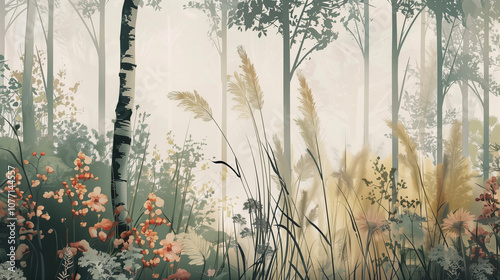 wallpaper design, chic wallpaper with trees flowers and reeds, many details, soft colors, high quality