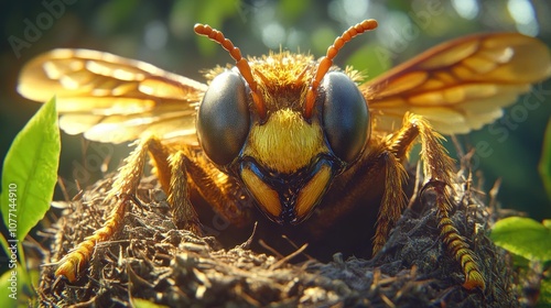 A close-up of a bee with large, blue eyes and a furry yellow body, perched on a nest in a lush, green forest. photo