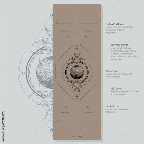 Alignment Yoga Mat design template. Vector illustration. Ready to print modern style. Perfect support in any asana, for the most demanding yogis with beautiful sybol in the center point inspired by