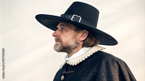 Pilgrim man in traditional attire and wide-brim hat