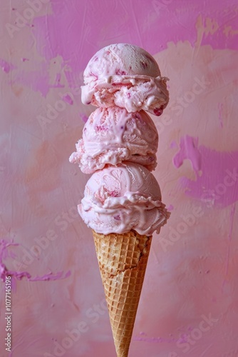 Three scoops of pink soft ice cream stacked on the waffle, bright pink background, minimalistic presentation