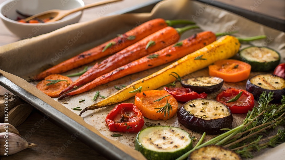 Roasted autumn vegetables with herbs on baking sheet Roasted autumn vegetables with herbs on baking sheet