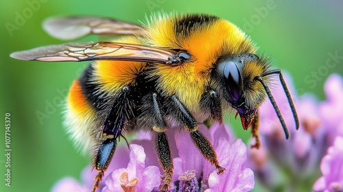 A close-up of a bumblebee pollinating a lavender flower. photo