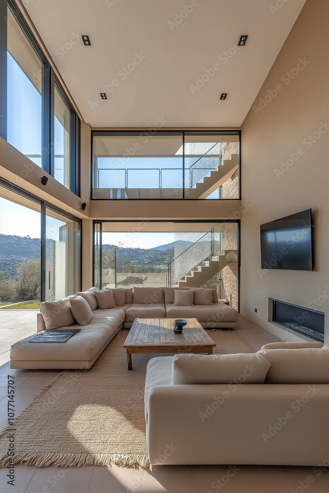Fototapeta premium Helles und modernes Wohnzimmer mit Blick auf die Natur