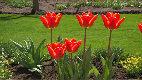 Three red multilobed tulips in the wind in the spring garden. Sunny morning and bright spring colors. photo