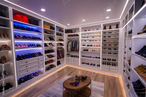 Luxurious Shoe Closet Featuring Elegant Display Shelves and Warm Ambient Lighting photo