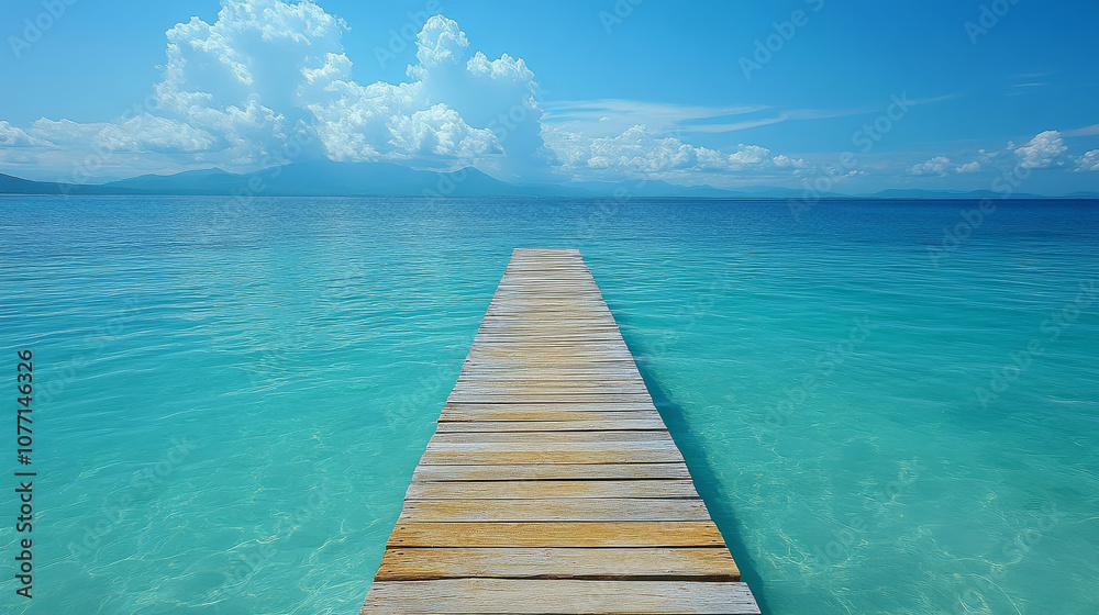 Fototapeta premium serene wooden pier extends into tranquil turquoise sea, surrounded by soft clouds and distant mountains, evoking sense of peace and relaxation