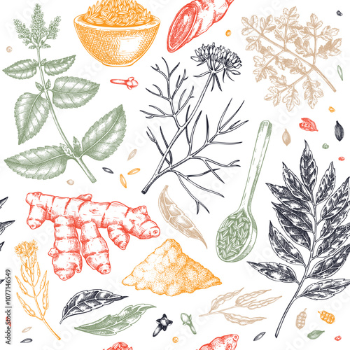 Herb and spice seamless pattern. Indian food background. Curry, cumin, mustard, turmeric, coriander, cloves sketches. Kitchen spices hand-drawn vector illustration. NOT AI generated