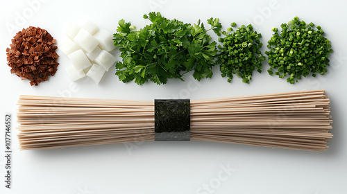 A set of ingredients, Wanko Soba soba noodles, grated daikon, green onion, dashi broth, wasabi, nori photo