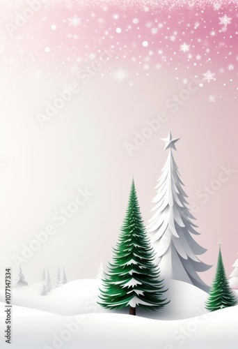 Ein winterliches minimalistisches  Design mit Tannenbäumen, Schnee und  mit Textfreiraum – perfekt für eine Weihnachtskarte. Transendent Pink, Rosa. Generative KI. photo