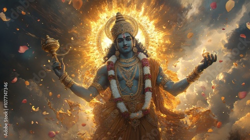 Beautiful statue of Lord Venkateswara with intricate details and warm lighting