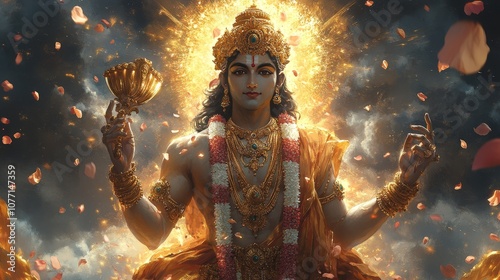 Beautiful statue of Lord Venkateswara with intricate details and warm lighting