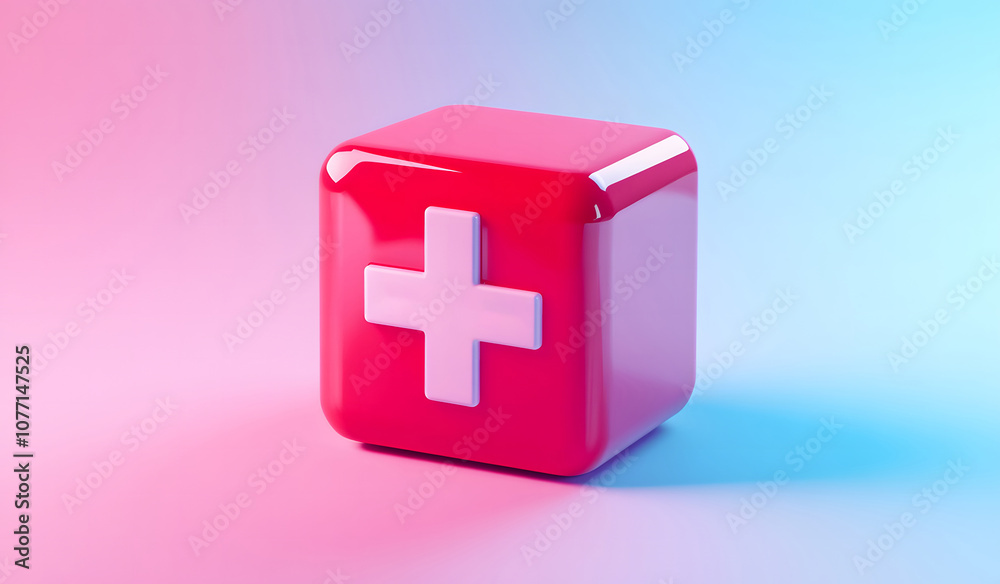 Obraz premium 3D Red Medical Cube with a White Cross on a Gradient Background