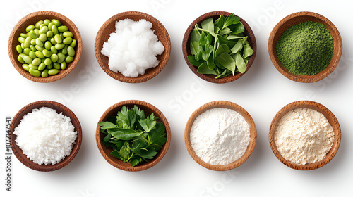 A set of ingredients, Zunda Mochi mochi rice cakes, edamame, sugar, salt, green tea powder, rice flour photo