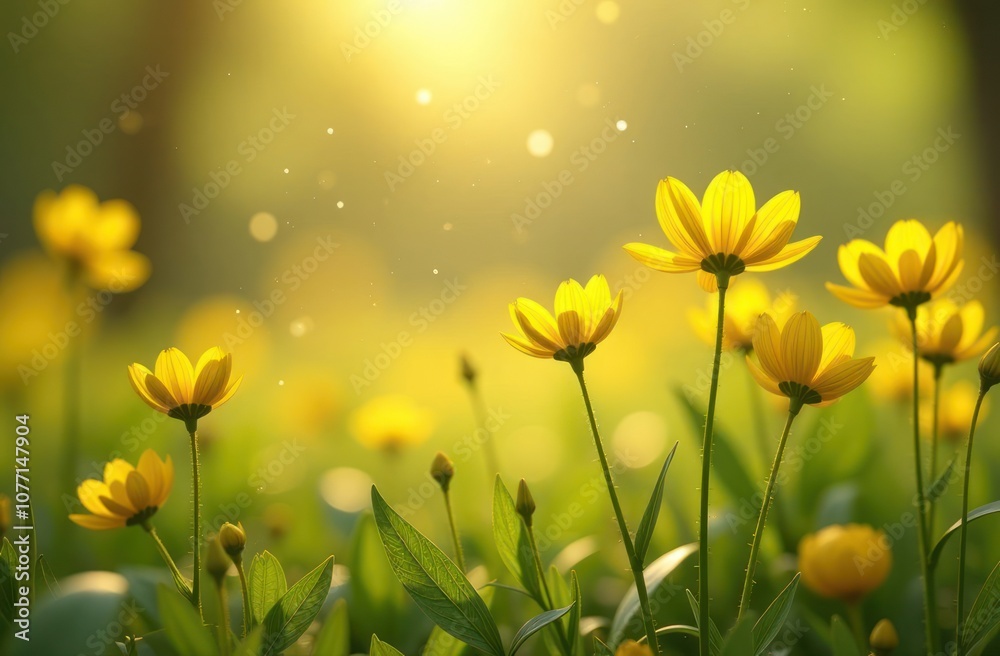 Fototapeta premium mustard flowers blooming with fairy dust overlay in soft, dreamy fantasy setting