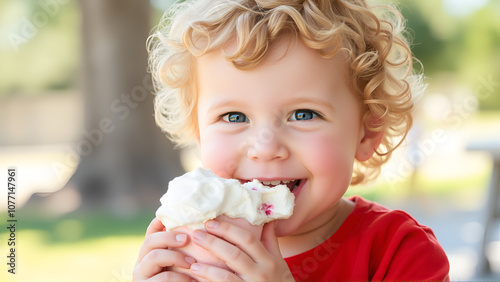 Innocent golden-haired baby captured outdoor sunlit setting. Captivating portrait of smiling child bright curly locks. Little one devours their favorite ice cream flavor. photo