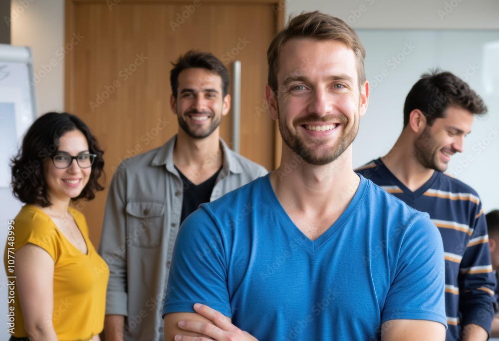 Fototapeta premium A group of cheerful individuals in a meeting room.