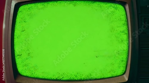 Vintage tv with green screen transitioning static effects in retro style.