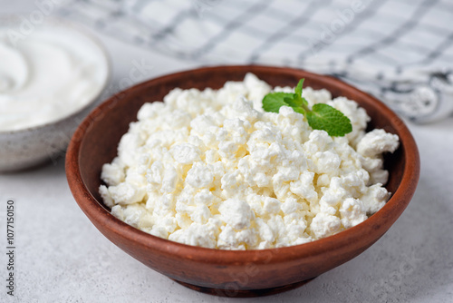 Fresh cottage cheese or tvorog in a bowl in brown ceramic bowl on grey concrete table background. Rich in protein and calcium dairy product