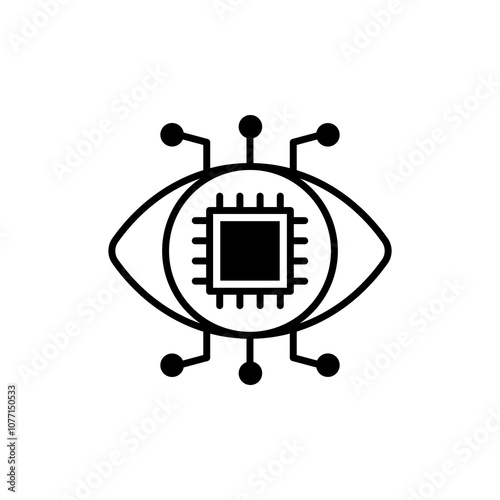 
AI Vision icon, Eye enhanced with computer chips and wires, symbolizes advanced technology, artificial intelligence, cyber security, future innovation concept.
