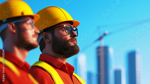 Construction workers in protective gear at a building site with urban skyline in the background photo