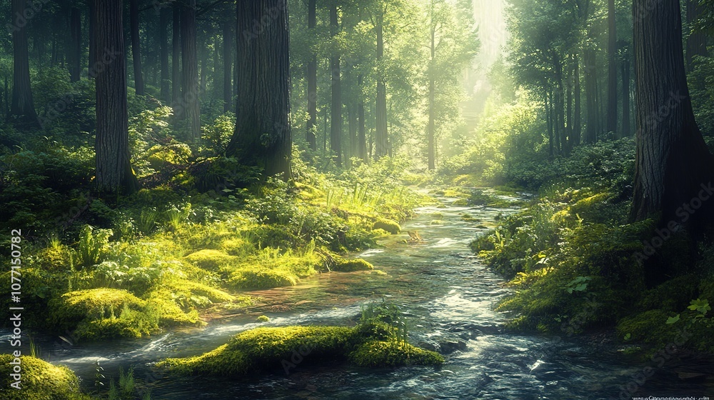 Obraz premium Clear forest stream, untouched wilderness, vibrant moss, peaceful solitude.